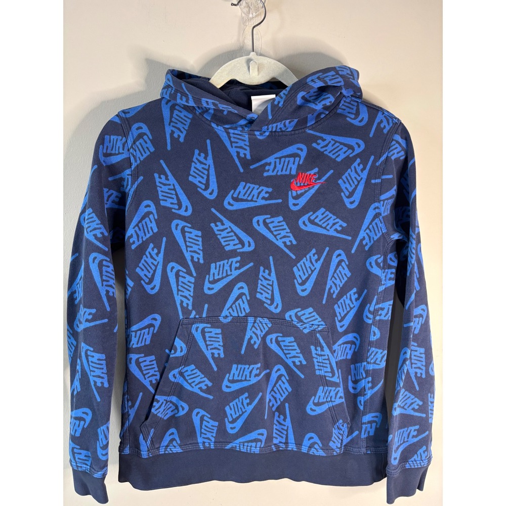 Nike Kids Hoodie Size L All Over Print Logo‎ Graphic Navy Blue Pullover